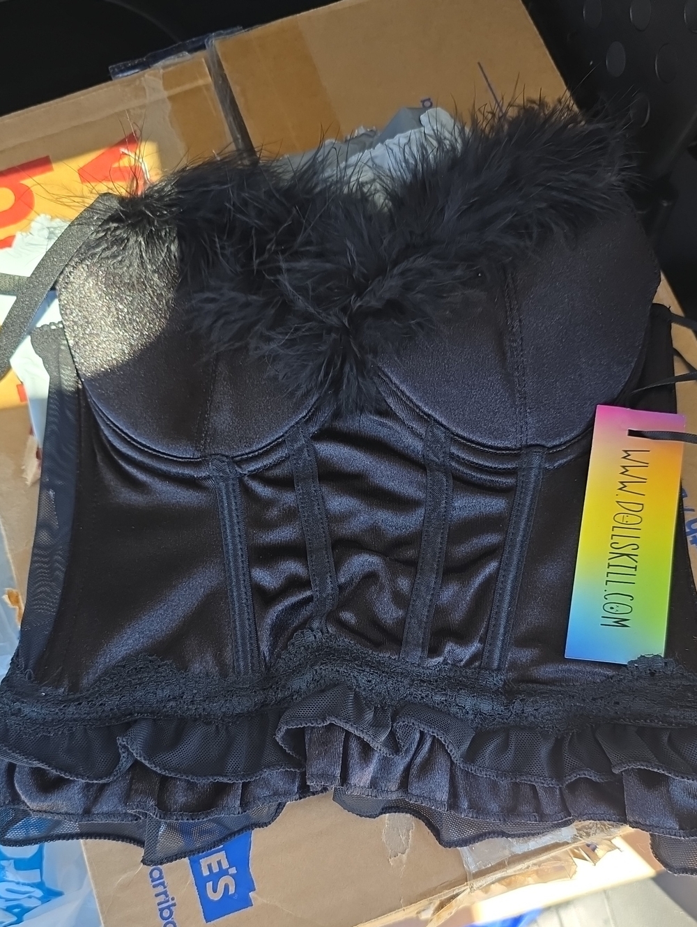 Black Feather Trim Satin Bustier Top And Thong